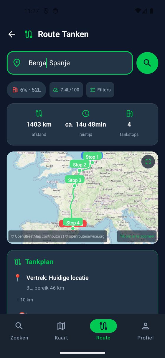 Route planner with tank stops